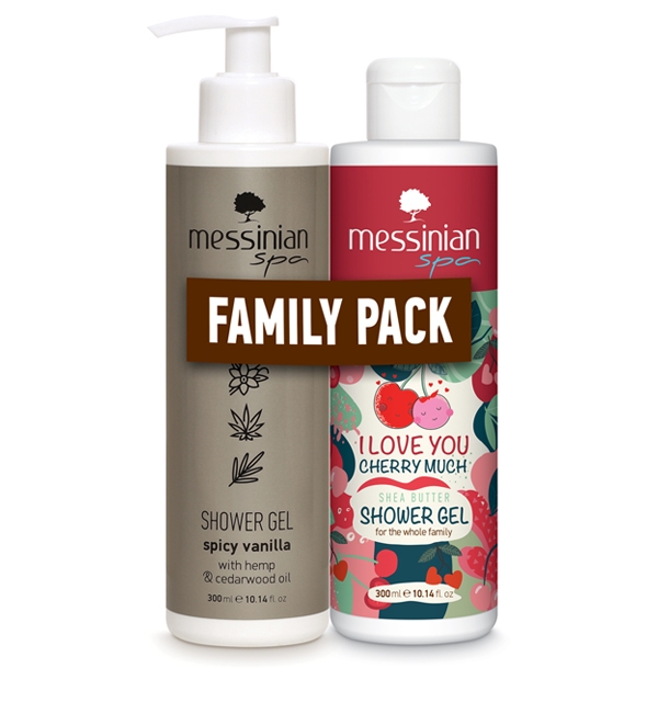 messinian-spa-family-pack-shower-gel-spicy-vanilla-38-i-love-you-cherry-much-2x300ml1.jpg Messinian Spa Family Pack Shower Gel Spicy Vanilla & I Love You Cherry Much 2x300ml - Image 1