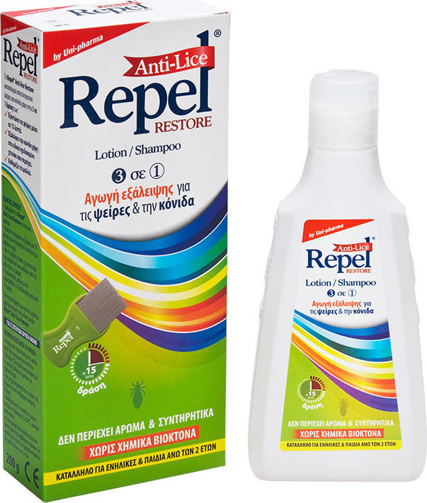 uni-pharma-repel-anti-lice-restore-lotion-shampoo-Αγωγή-Εξάλειψης-για-Ψείρες-38-Κόνιδες-200gr1.jpg Uni-Pharma Repel Anti-lice Restore Lotion⁄Shampoo Αγωγή Εξάλειψης για Ψείρες & Κόνιδες, 200gr - Image 1